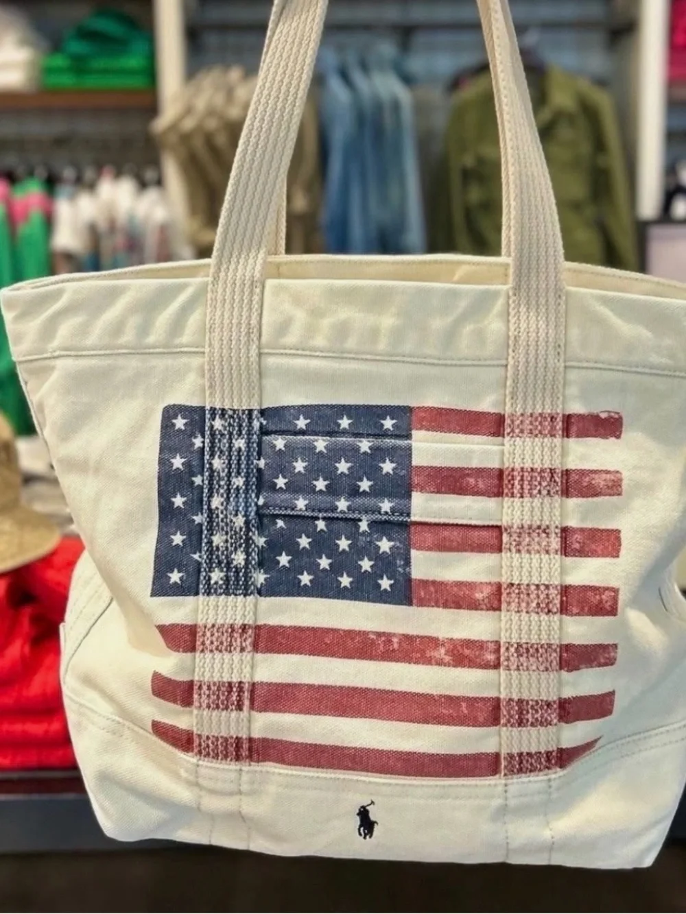 Polo Ralph Lauren Natural DISTRESSED AMERICAN FLAG Canvas Tote Bag